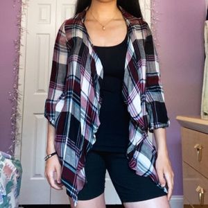 About a Girl Red & White Plaid Drape Open Cardigan